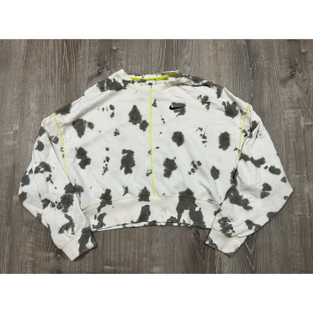 Nike Womens Tie Dye Cropped Sweatshirt White Grey Neon Stitch Pullover Small